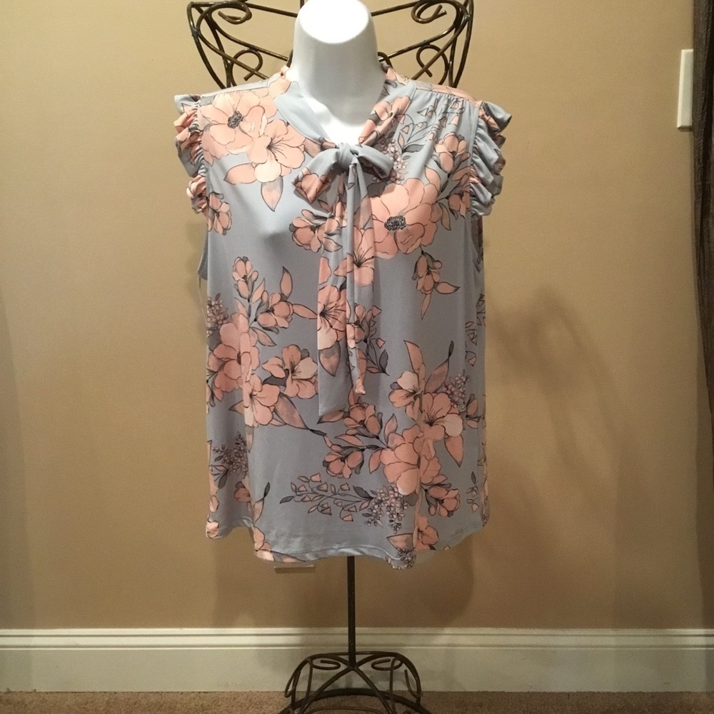 Blue and Pink Sleeveless Blouse with Tie Front and Ruffles
